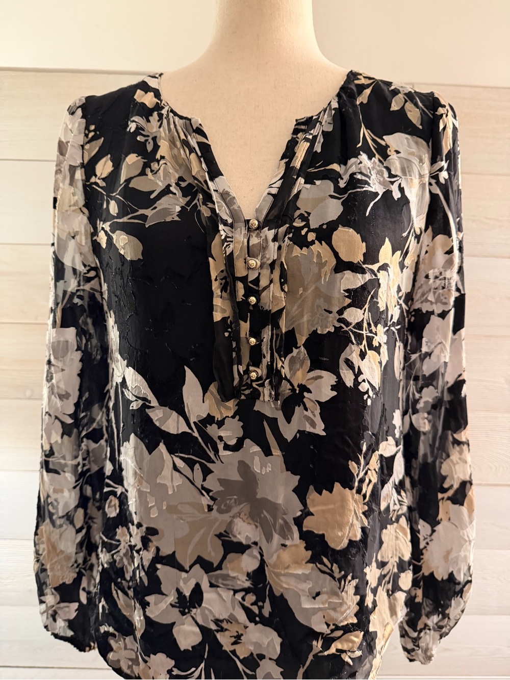 White House Black Market Black Floral Sheer Henley Blouse
